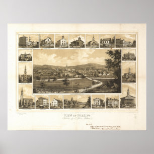 Poster York Pennsylvanie 1852 Carte panoramique antique