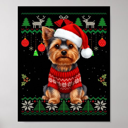 Poster Yorkie Dog Christmas Wearing Ugly Christmas Sweate (Devant)