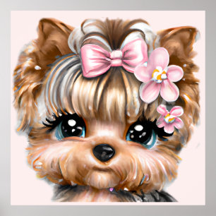 Poster Yorkie mignonne avec une corse rose