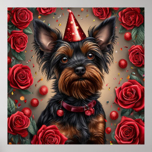 Poster Yorkshire Terrier Anniversaire Portant un Chapeau 
