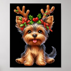 Poster Yorkshire Terrier Reindeer Santa Hat Noël Lumières