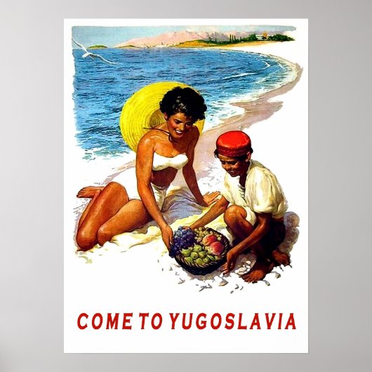 Poster Yougoslavie, femme sur la plage avec un vendeur de (Devant)