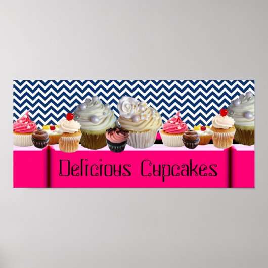 POSTER YUMMY CUPCAKES DESERT SHOP/ BLEU WHITE CHEVRON (Devant)