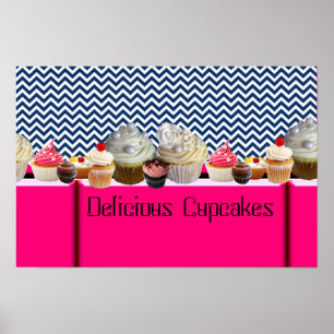 POSTER YUMMY CUPCAKES DESERT SHOP/ BLEU WHITE CHEVRON