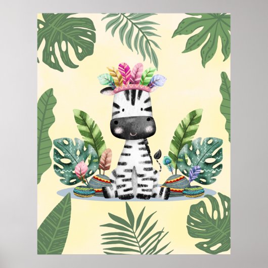Poster Zebra Jungle Safari Exotic Palm feuilles Nursery  (Devant)