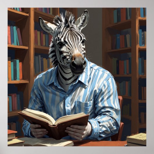 Poster Zebrary Funny Zebra dans la peinture de bibliothèq (Devant)