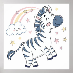 Poster Zèbre de dessin animé adorable avec arc-en-ciel et