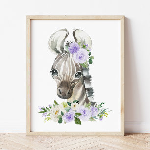Poster Zèbre, Safari, Fleurs Violettes, Genre Neutre