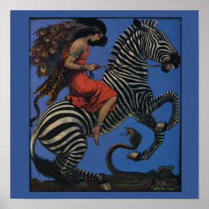Poster Zèbre vintage avec cavalière Art nouveau