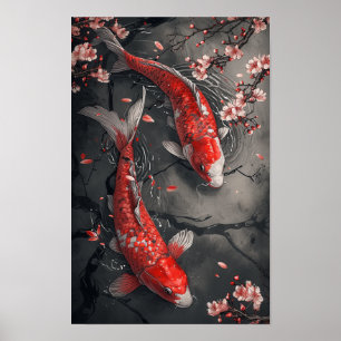 Poster Zen Koi Poisson et Fleurs de Cerisiers