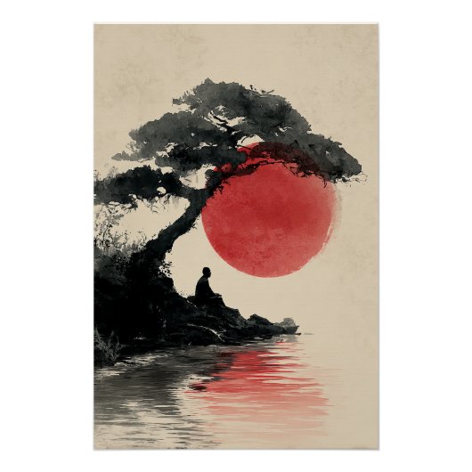 Poster Zen Monk Méditant Sunset Art - Impression minimali (Devant)