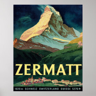 Poster Zermatt, sommet de montagne, Suisse, vintage, voya