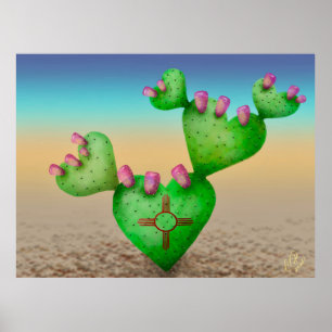 Poster Zia Sun Heart Nopales Desert Scene Nouveau-Mexique