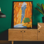 Poster Zion National Park Utah The Narrows Vintage<br><div class="desc">Zion vector artwork design. The park is a southwest Utah nature preserve distinguished by Zion Canyon’s steep red cliffs.</div>