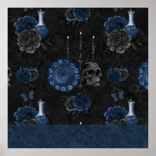 Poster Zodiac Magic Dark Navy Blue Gothic Skull Roses