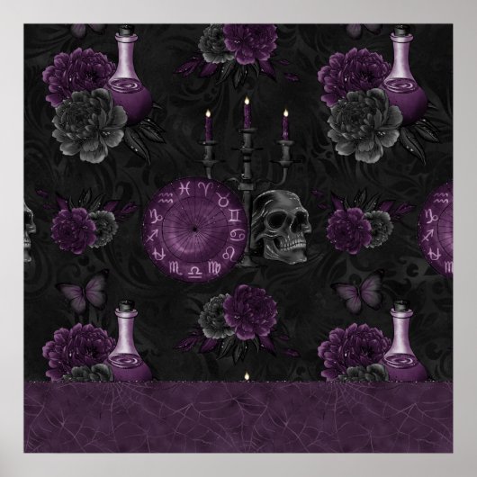 Poster Zodiac Magie | Plum violet foncé Roses de crâne go (Devant)