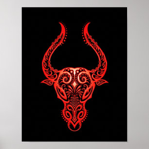 Poster Zodiaque de Taurus rouge complexe sur noir