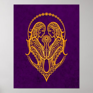 Poster Zodiaque jaune complexe de Gémeaux sur le pourpre