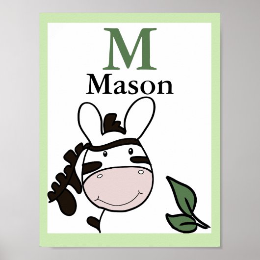 Poster Zoey le Zèbre IMPRIMÉ AVEC NOM Bébé Animaux de Zoo (Devant)