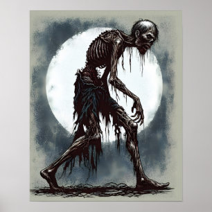 Poster Zombie pivotant, Pleine lune, Illustration effraya