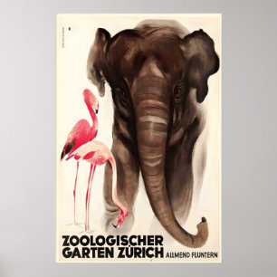 Poster Zoo suisse de Zurich Eléphant Flamant Animal