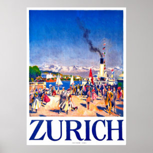 Poster Zurich, bateau touristique sur le quai de la ville