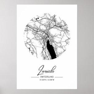Poster Zurich - Suisse Carte de la ville de l'eau noire