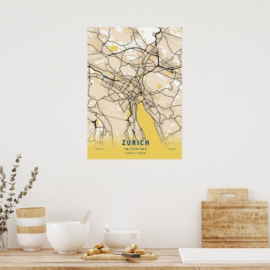 Poster Zurich - Suisse Carte de la ville jaune (Cuisine)