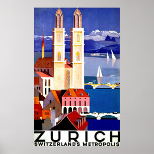 Poster Zurich, Switzerland city, church, vintage travel