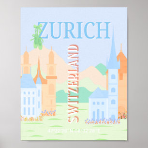 Poster Zurich Travel Art, Suisse, Blue Retro Travel