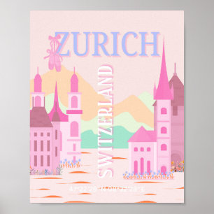 Poster Zurich Travel Art, Suisse, Pink Retro Travel