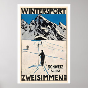 Poster Zweisimmen sport d'hiver Suisse Ski Vintage