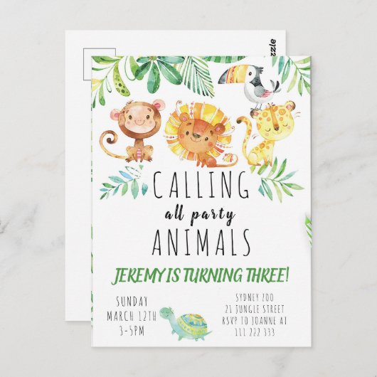 Postkaart Jungle Feest Kinderen Uitnodiging (Voorkant / Achterkant)