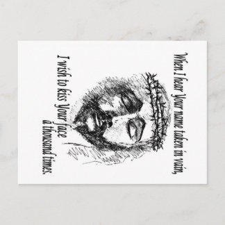 Postkaart met hoofd Christus en gezegde.