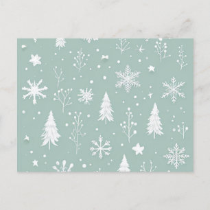 Postkaart met witte bomen en sneeuwvlokken