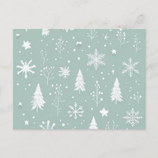 Postkaart met witte bomen en sneeuwvlokken