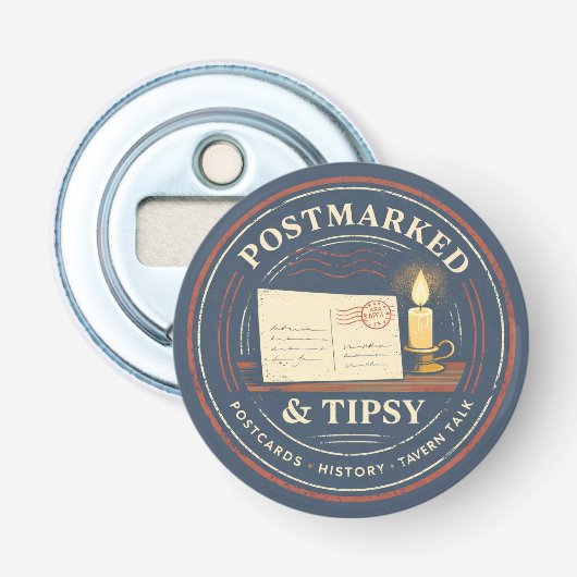 Postmarked & Tipsy Button Flesopener (Voorkant)
