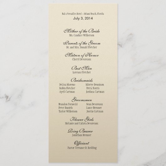 posy Wedding Programme - metallic champagne Programma (Achterkant)