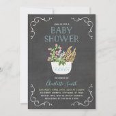 Pot Fleur Chalkboard Baby shower bleu Invitation (Devant)