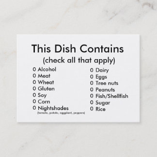 Pot Luck Ingredients Card Visitekaartje
