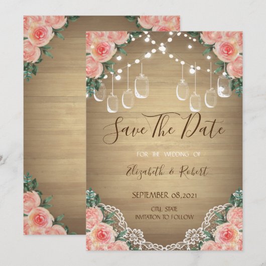 Pot Mason Rustique, Dentelle, Floral Save The Date (Devant / Derrière)