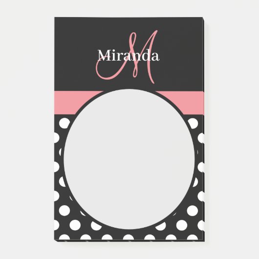 Pot rose noir blanc Polka Monogramme Post-it Notes (Devant)