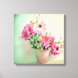 Pot van Roze Waterverf Bloemen Canvas Afdruk