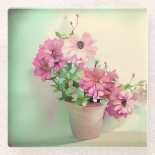 Pot van Roze Waterverf Bloemen Glazen Onderzetter