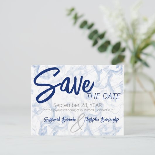 Poteau de Faire-part blanc et bleu fumée minimalis (Debout devant)