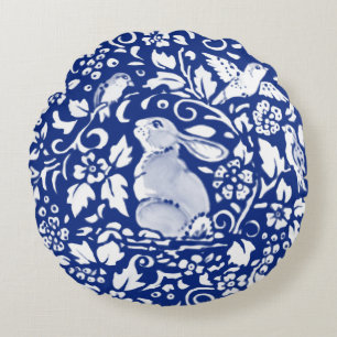 Poterie de lapin bleu et blanc look Coussin rond