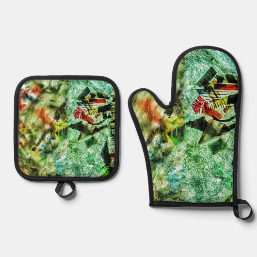 Pothouder en ovenhandschoen wit abstract ovenwant & pannenlap set (Voorkant)