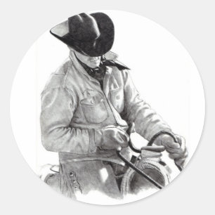 Potlood Drawing of Cowboy in Saddle, Westerne kuns Ronde Sticker