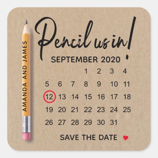 Potlood ons in kalender karton save the date vierkante sticker (Voorkant)