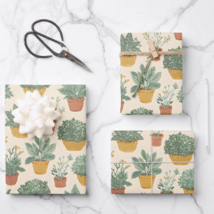 Potplanten Bloemen Botanische Illustratie Stijl Inpakpapier Vel